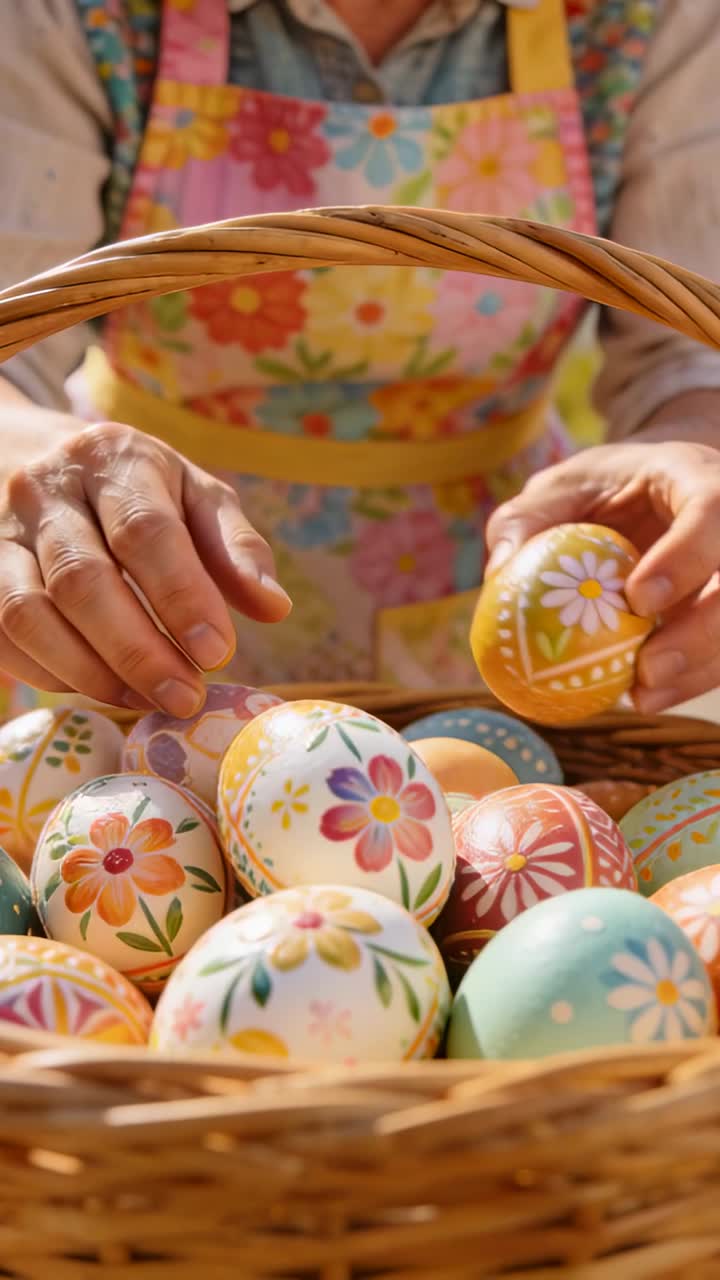 Vertical video: Woman reaching into basket lifting cream egg, arranging eggs for even craft display