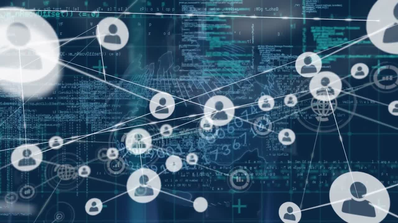 Animation of network of connections over globe and data processing