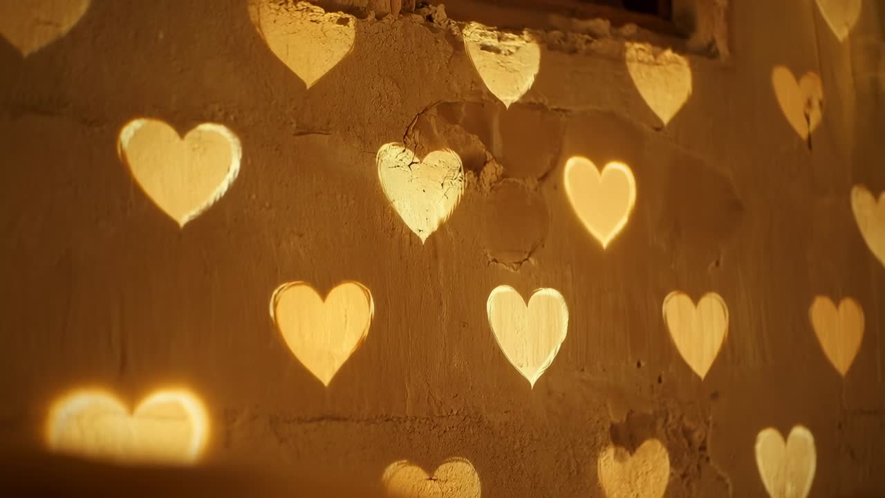 Luz puntual que atraviesa la pared de yeso perforada de una habitación, haciendo que los recortes con forma de corazón se iluminen con halos cálidos.