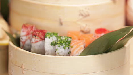 wonderfully arranged maki rolls in gourmet platter - panning close up shot