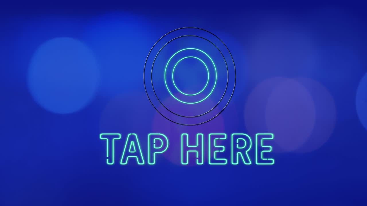 animación de toque aquí texto sobre puntos de luz en fondo azul