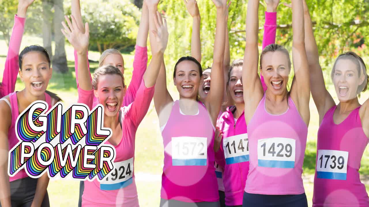 소녀 파워 텍스트의 애니메이션 다양한 그룹의 다양한 그룹의 웃는 여성