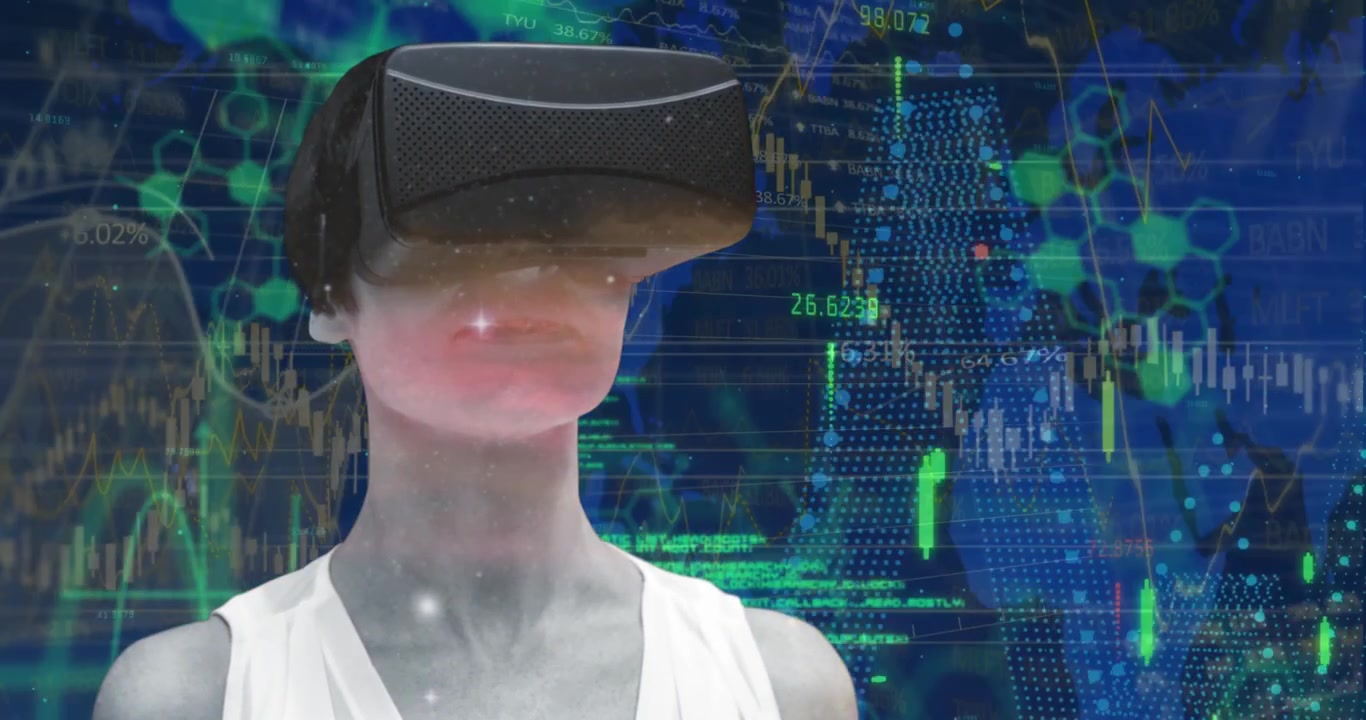 Woman in VR headset marvels at expanding universe and glowing stars.