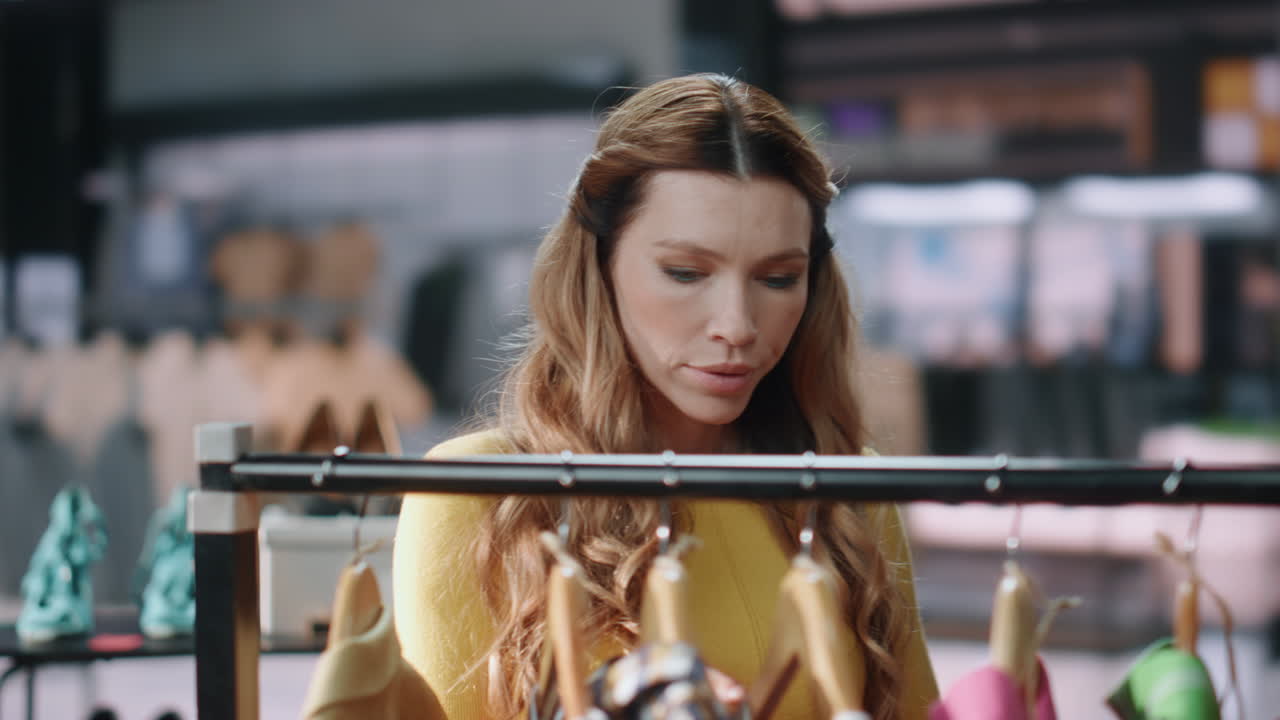 집중된 여성은 드레스를 선택합니다. 옷 가게 클로즈업. 긴장한 여성은 가격을 찾고 있습니다.