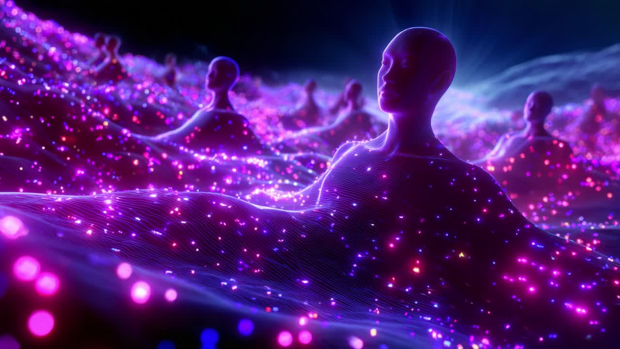 A mesmerizing digital landscape featuring ethereal humanoid figures enveloped in a sea of vibrant, glowing particles, creating a surreal ambiance of interconnectedness and tranquility, ideal for exploring the realms of imagination