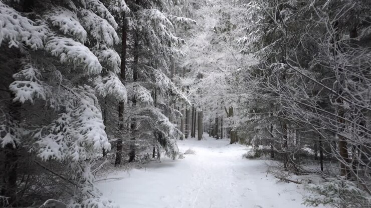 Fitta foresta invernale con conifere e sentiero innevato nella natura ceca. Paesaggio freddo che mostra boschi tranquilli e incontaminati.
