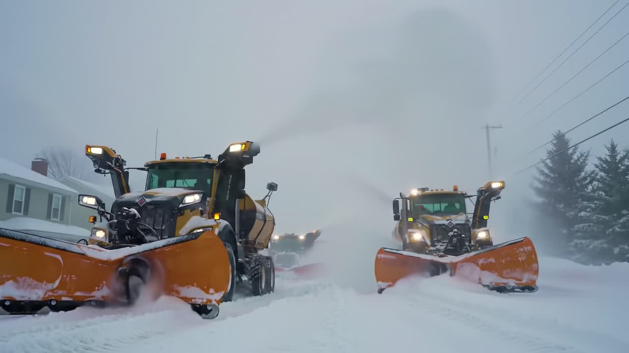 Snow Plows Battle Extreme Winter Conditions to Clear Streets: Heavy Snowfall and Reduced Visibility Challenge Operators with Intense Snow Removal Efforts