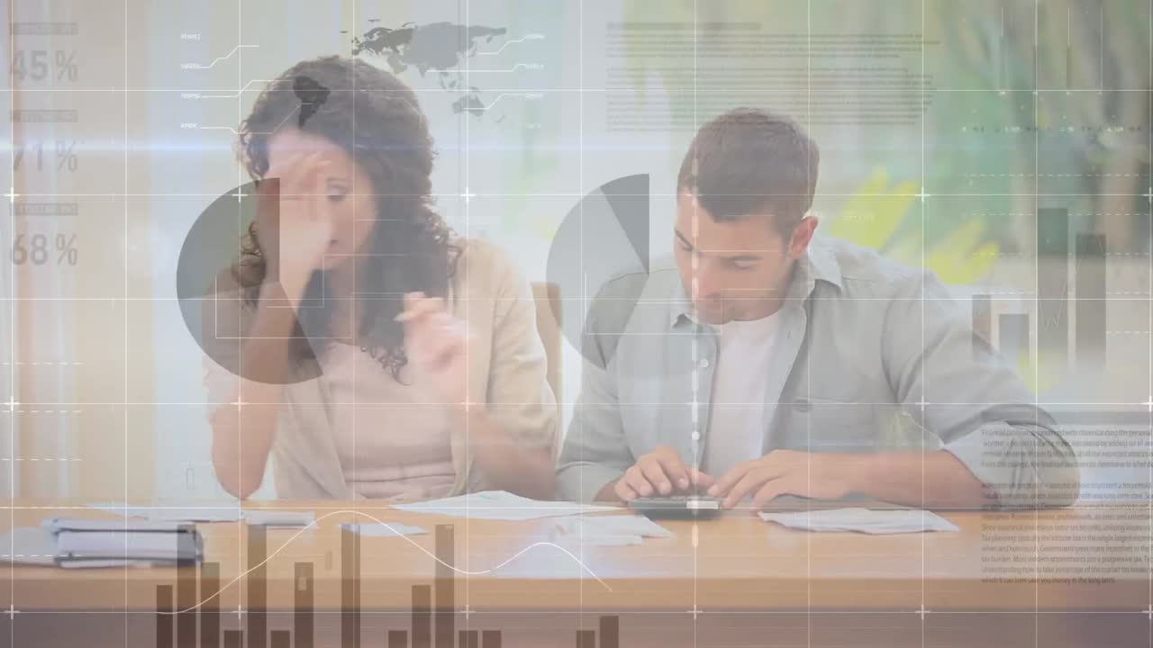 청구서를 지불하는 백인 부부에 대한 금융 데이터 처리 애니메이션