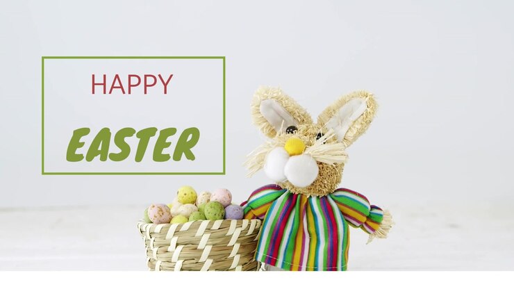 Green HAPPY EASTER box appearing, straw bunny standing by basket, eggs tinting, sending spring joy
