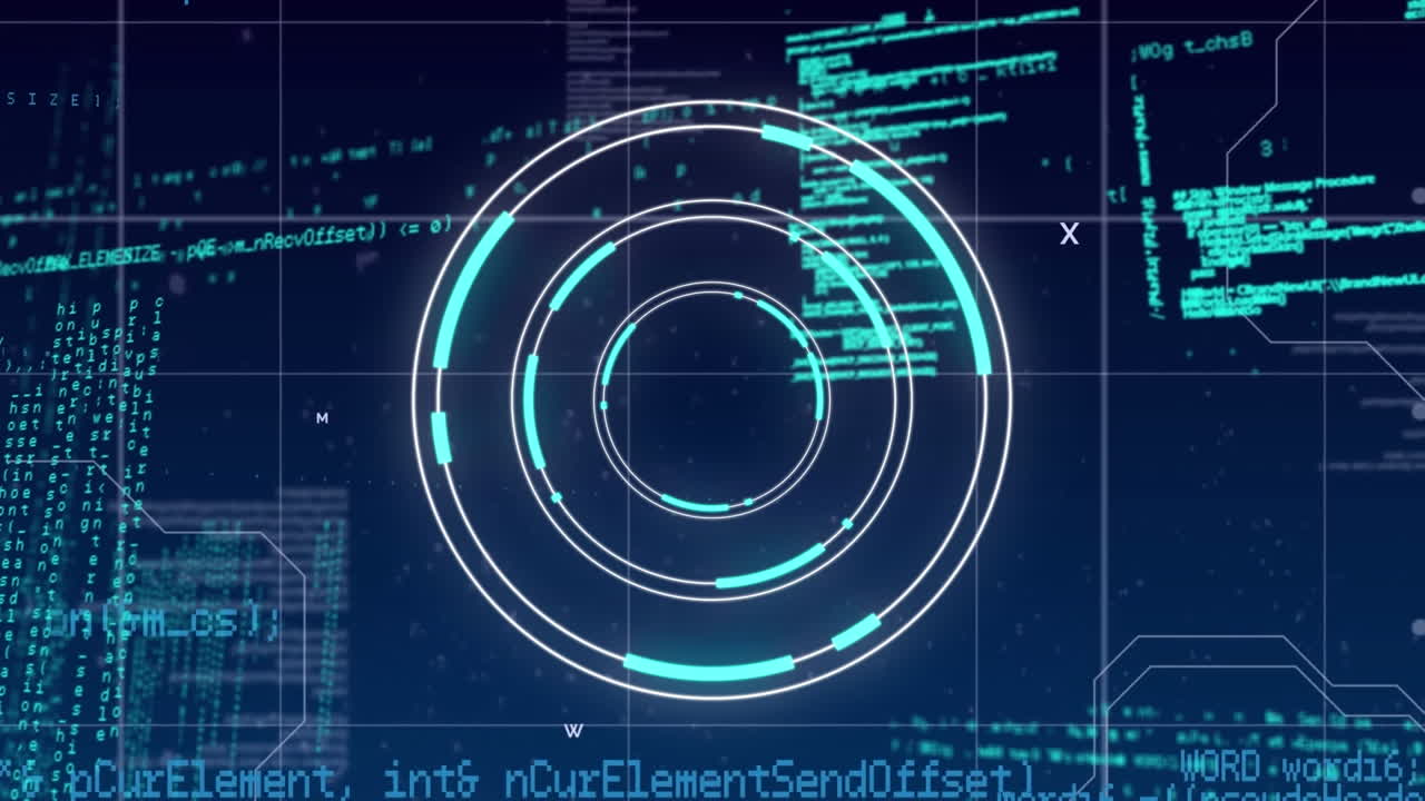 Animation of neon round scanner and data processing over grid network against blue background
