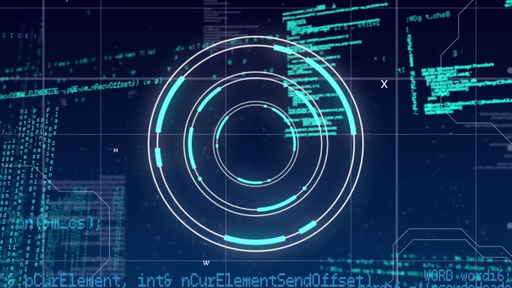 Animation of neon round scanner and data processing over grid network against blue background