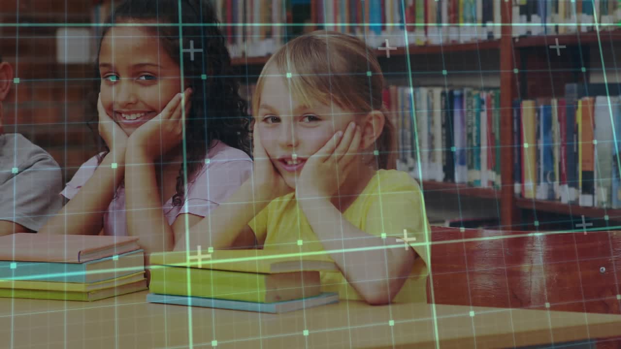 Two children resting heads at library table third child placing study books digital grid drifting