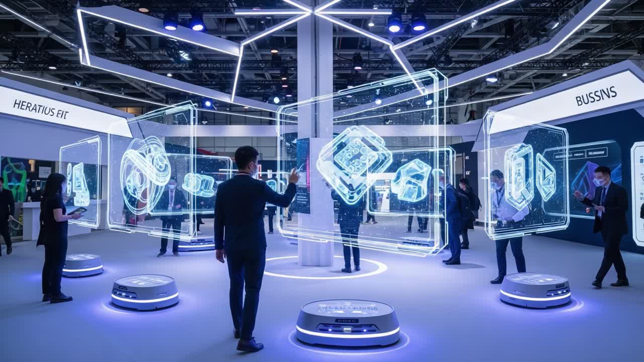 Immersive Technology Exhibit Showcasing Interactive Displays and Virtual Touchpoints in a Futuristic Environment with Engaged Visitors Exploring Innovations