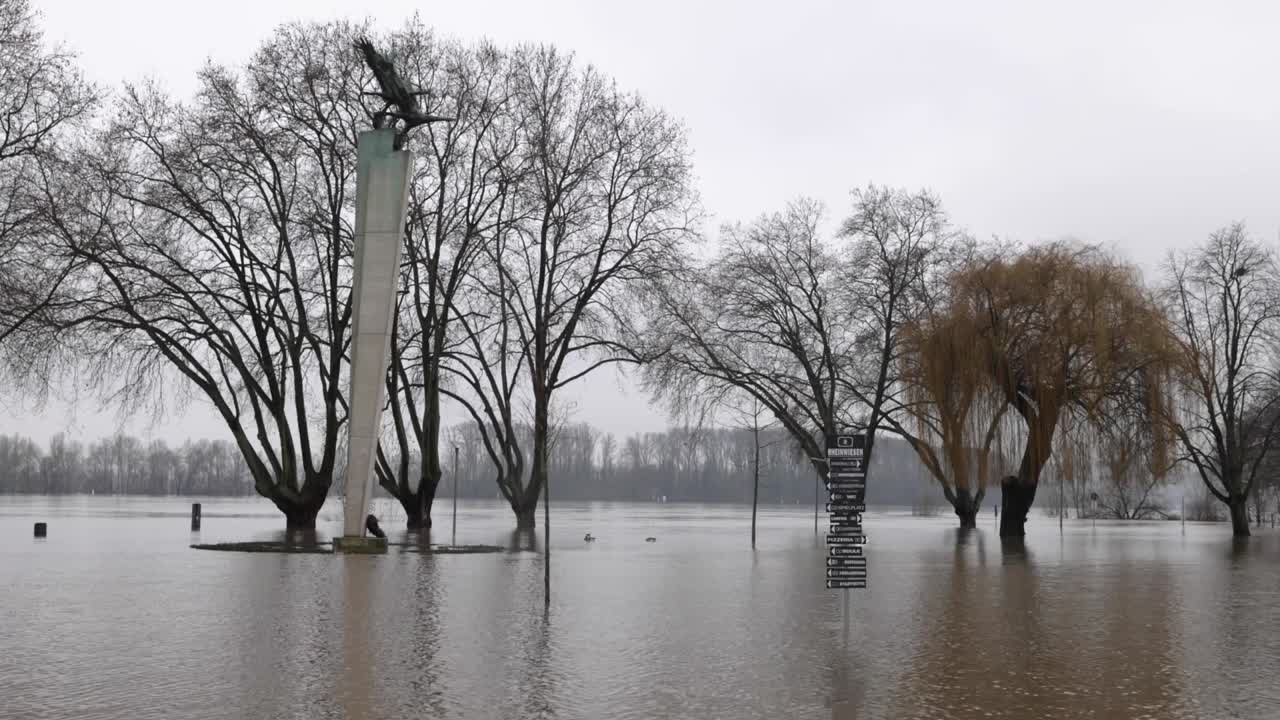 낮 동안 독일 조각상 공원 주변에 범람하는 라인강 - 와이드 샷