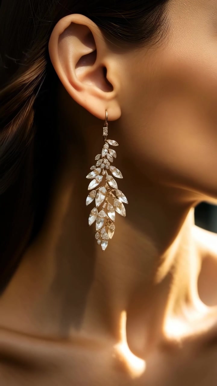 Primo piano di una donna con un orecchino pendente di diamante scintillante.