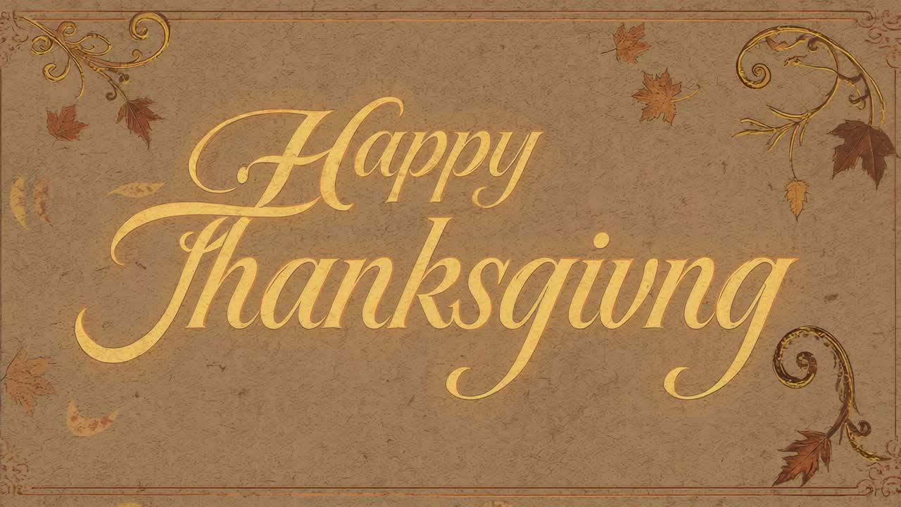Animation starting gold cursive Happy Thanksgiving text sweeping across parchment, adding warmth