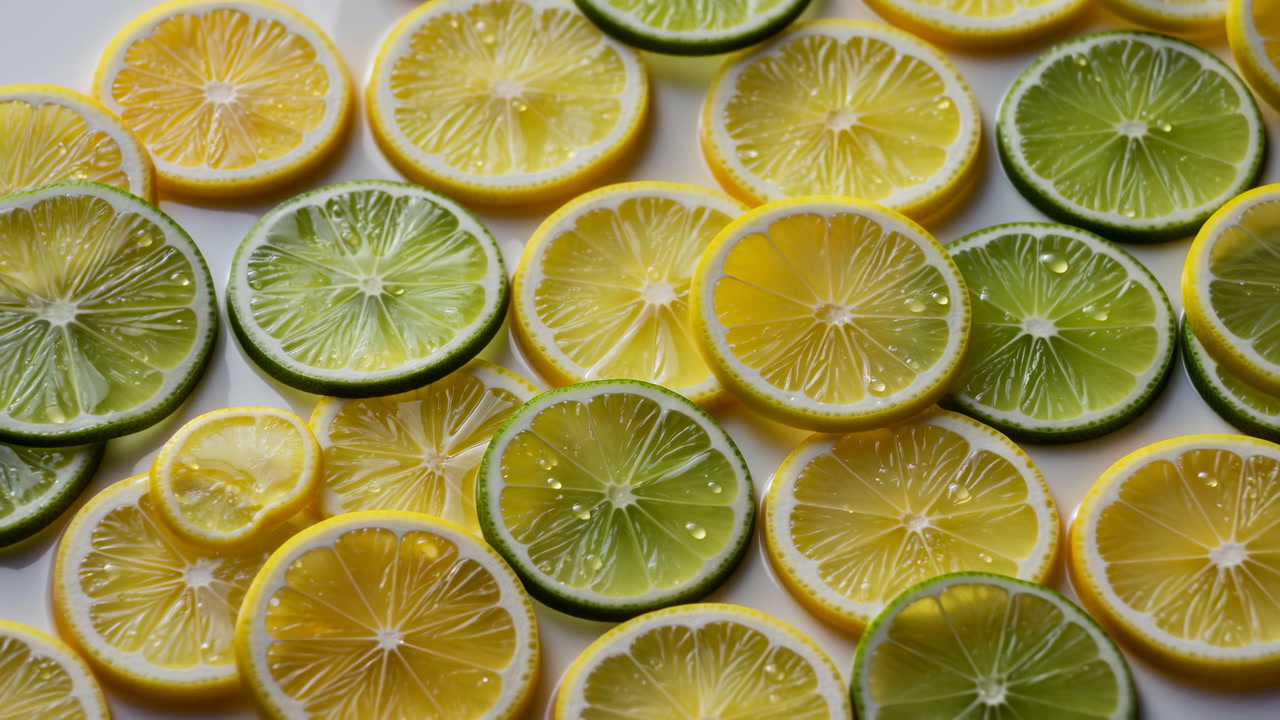 Sliced Lemon Lime Flatlay Vibrant Citrus, Pattern Of Overlapping Yellow And Green Slices, Glistening Juice
