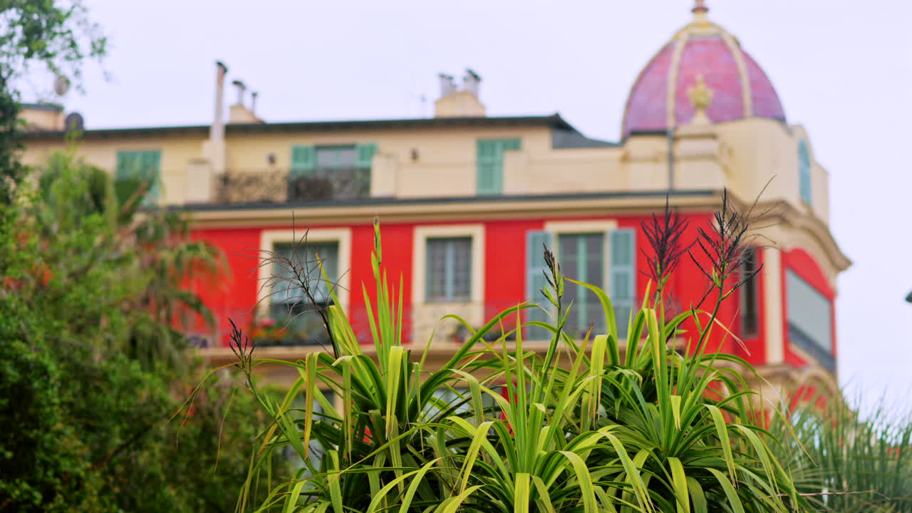 Close up of greenery with a blurred view of a red building in the Massena Square in Nice, France