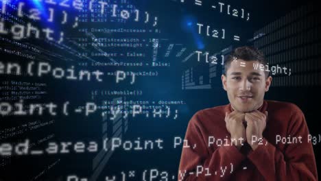 animación de un hombre de raza mixta y mirando datos flotantes con servidores de procesamiento en segundo plano