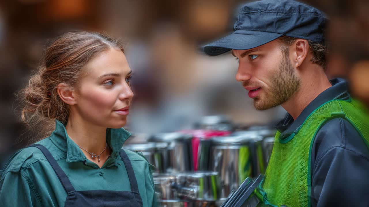 Engaging Conversation Between Two Individuals in a Busy Environment, Capturing Moments of Connection and Interaction Amidst a Soft Background of Blurred Activity and Colorful Equipment
