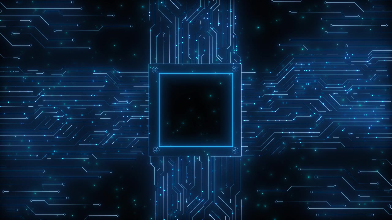 Central processor circuit visual with neon blue chip frame fine electronic paths glowing dots and