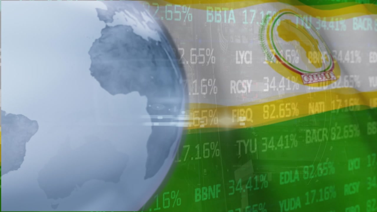 Animation of digital globe rotating against stock market trading board and national flag