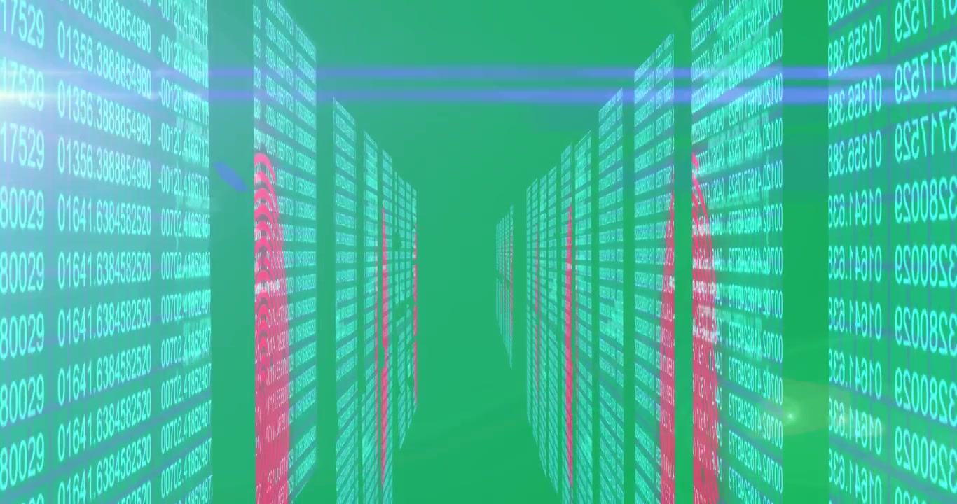Animation of digital information flowing through network of computer servers in server room