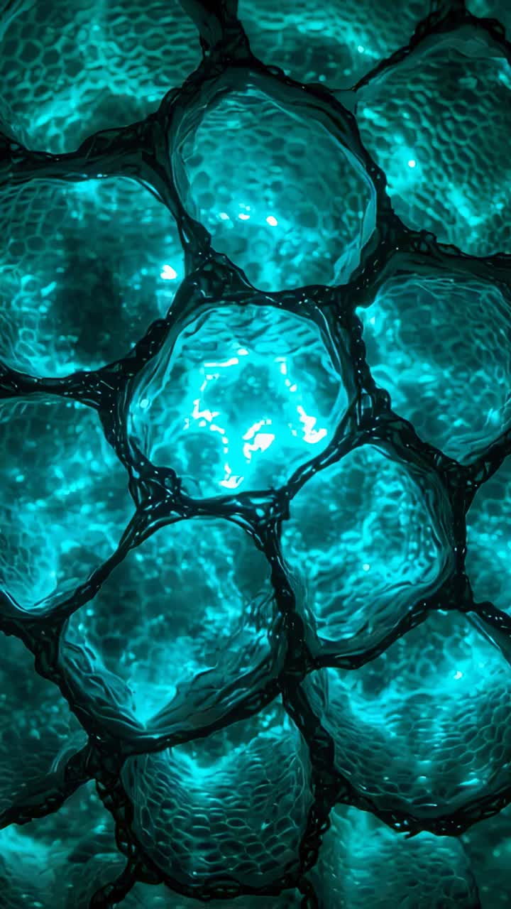 Video verticale: la fotocamera mette a fuoco la tasca di una cellula color ottanio che pulsa e si increspa in macro, mostrando i bordi lucidi
