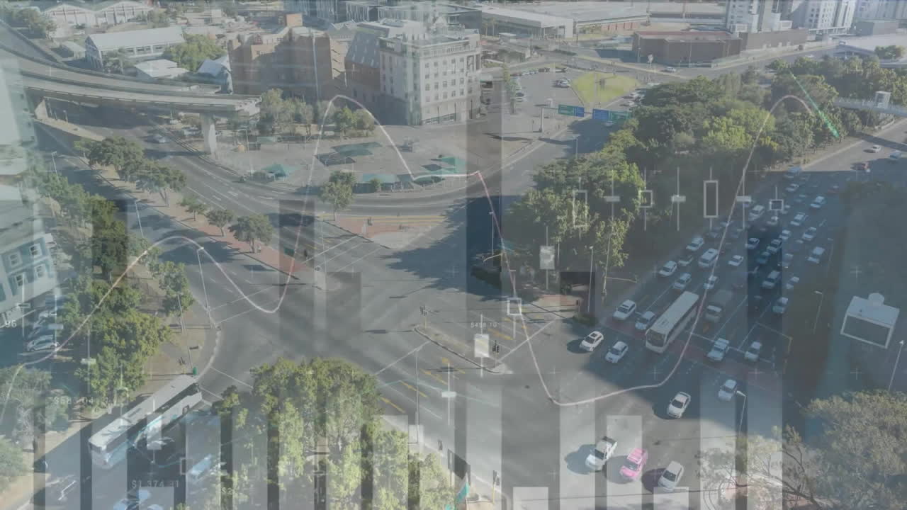 도시 풍경 위의 금융 데이터 처리 애니메이션