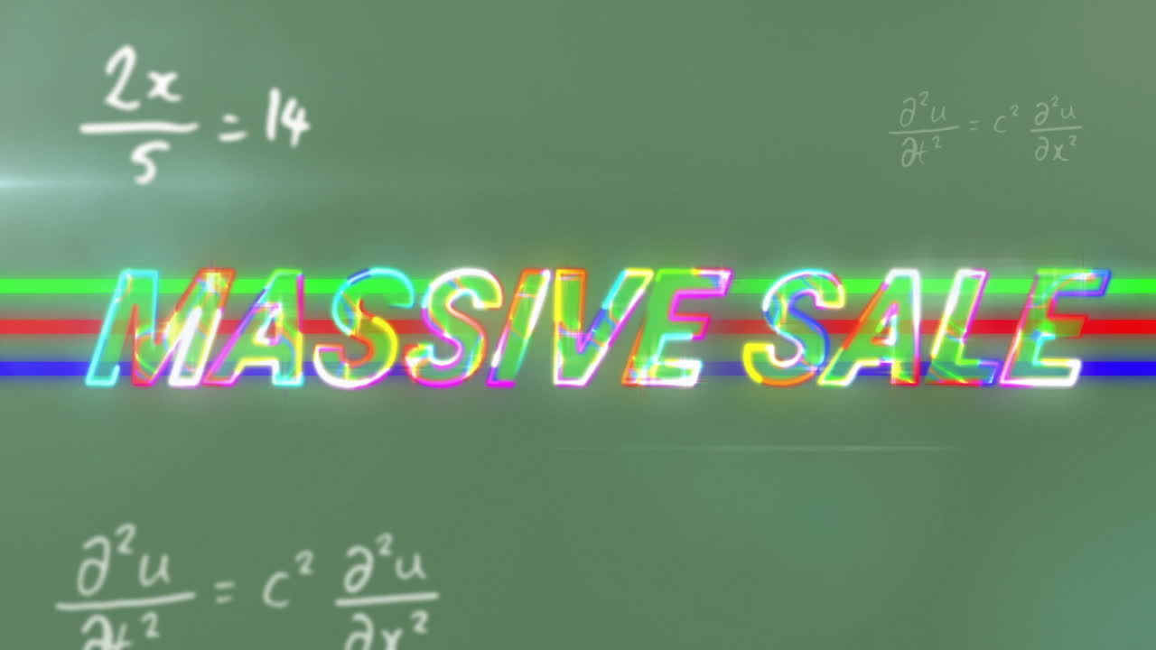 Colorful glitch animation text Massive Sale over mathematical equations background
