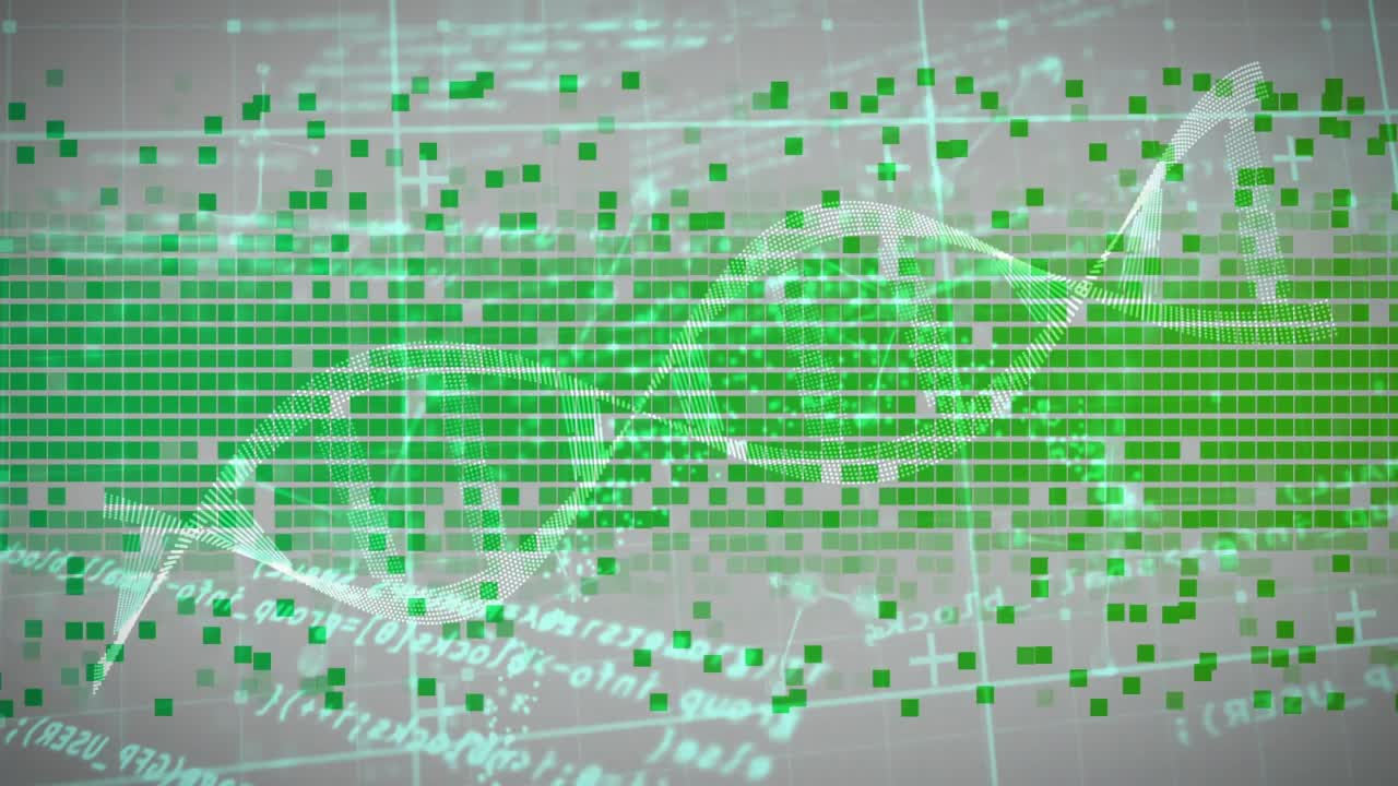 Green squares shifting around bar causing white wireframe wave weaving amid code showing data flow