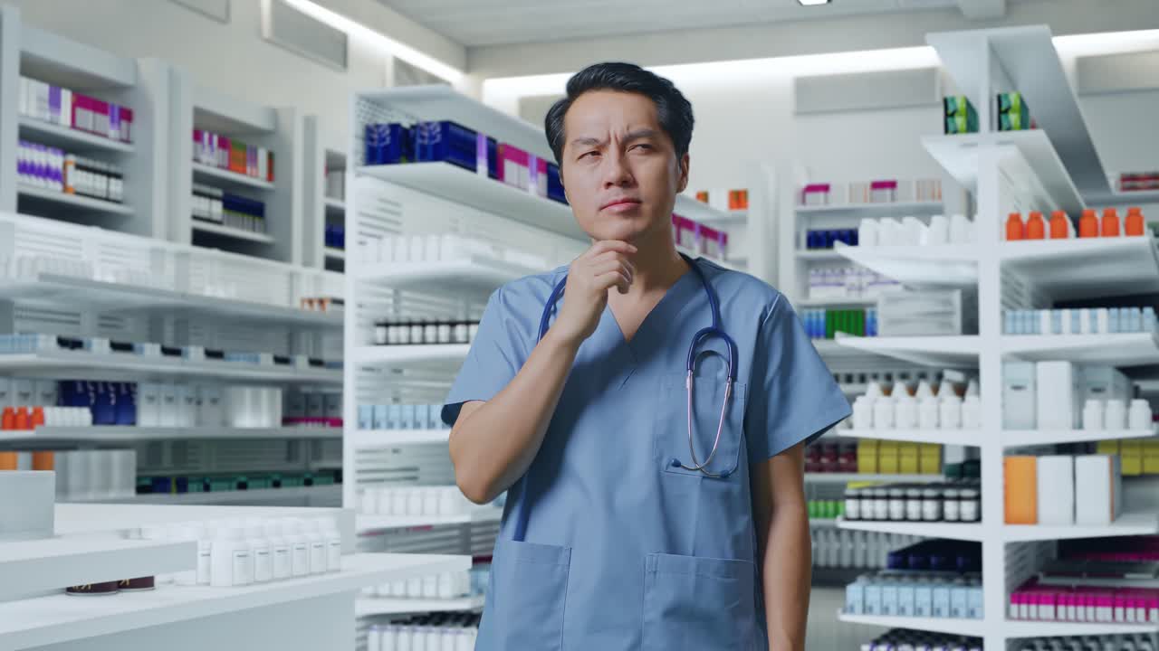 스테토스코프를 든 아시아 남성 의사는 무언가에 대해 생각하고 주위를 둘러보고 약국에서 지표손가락을 들어 올립니다.
