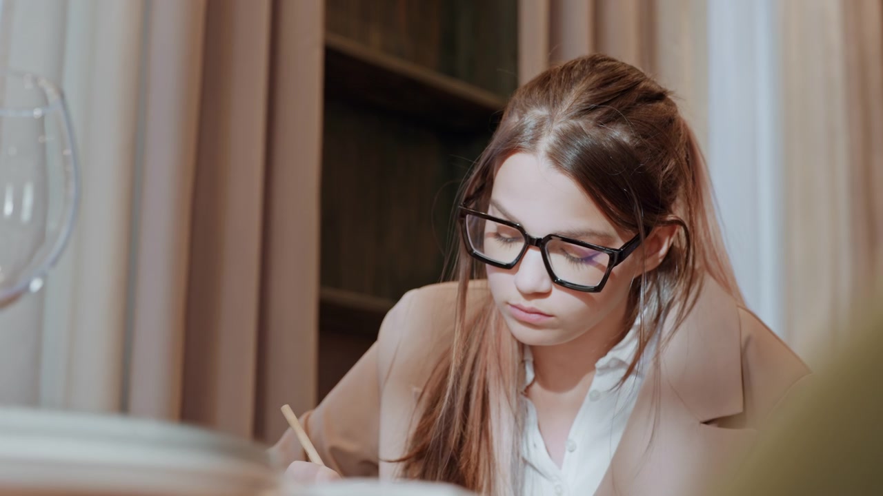 Mujer caucásica escribiendo en un cuaderno en un escritorio con aire de editora concentrada, gafas y blazer, con una estantería interior de fondo, luz suave de cortina, trazos cuidadosos de bolígrafo, expresión concentrada, toma de notas meticulosa.