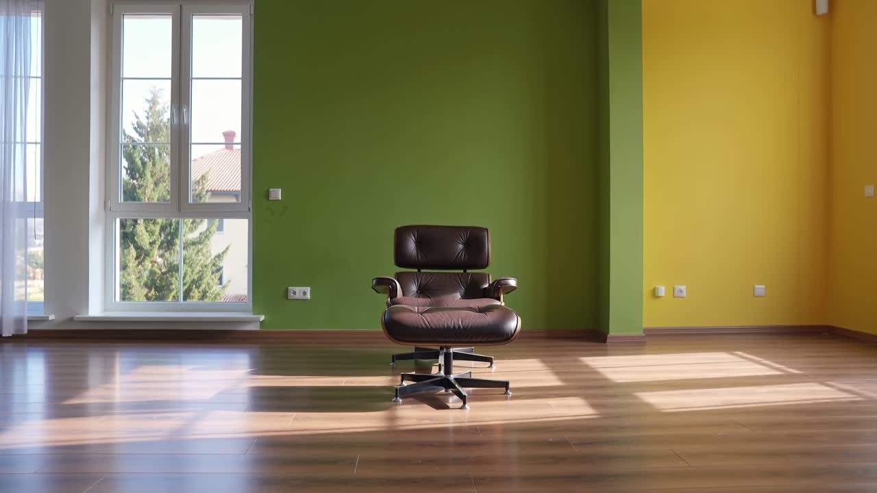 Ruangan Modern Kosong dengan Dinding Hijau dan Kuning, Lantai Kayu Keras, dan Sebuah Kursi Kantor Tunggal