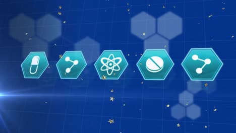 animation of golden stars over multiple medical icons and hexagonal shapes on blue background