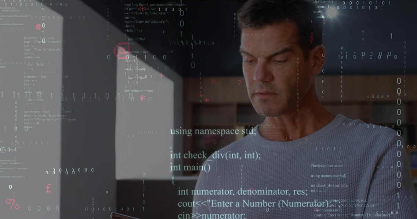 Man entering tech lounge and tapping tablet screen, generating floating code for data analysis