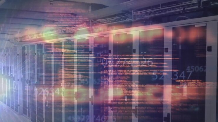 Animation of computer language and changing numbers over server room in background