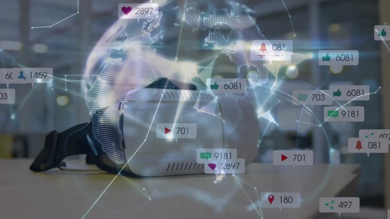 vr 헤드 ⁇ 을 통해 바뀌는 소셜 미디어 아이콘과 숫자와의 연결 네트워크의 애니메이션