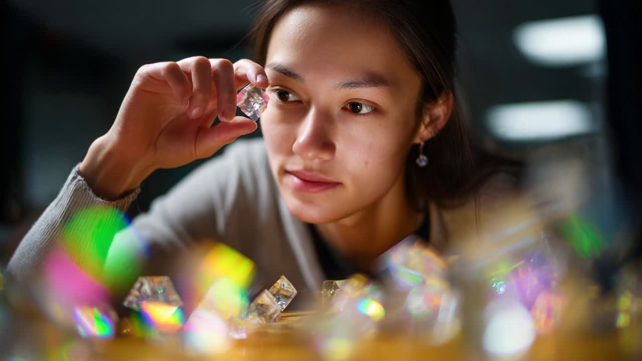 A focused examination of colorful crystals, showcasing the intricate beauty of light refraction and the artistry in each piece while a young woman explores the world of gemstones and prisms
