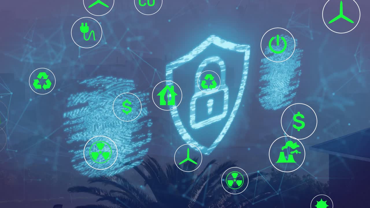 Vertical video: streaks forming security shield, causing prints sliding, orbiting icons over dusk