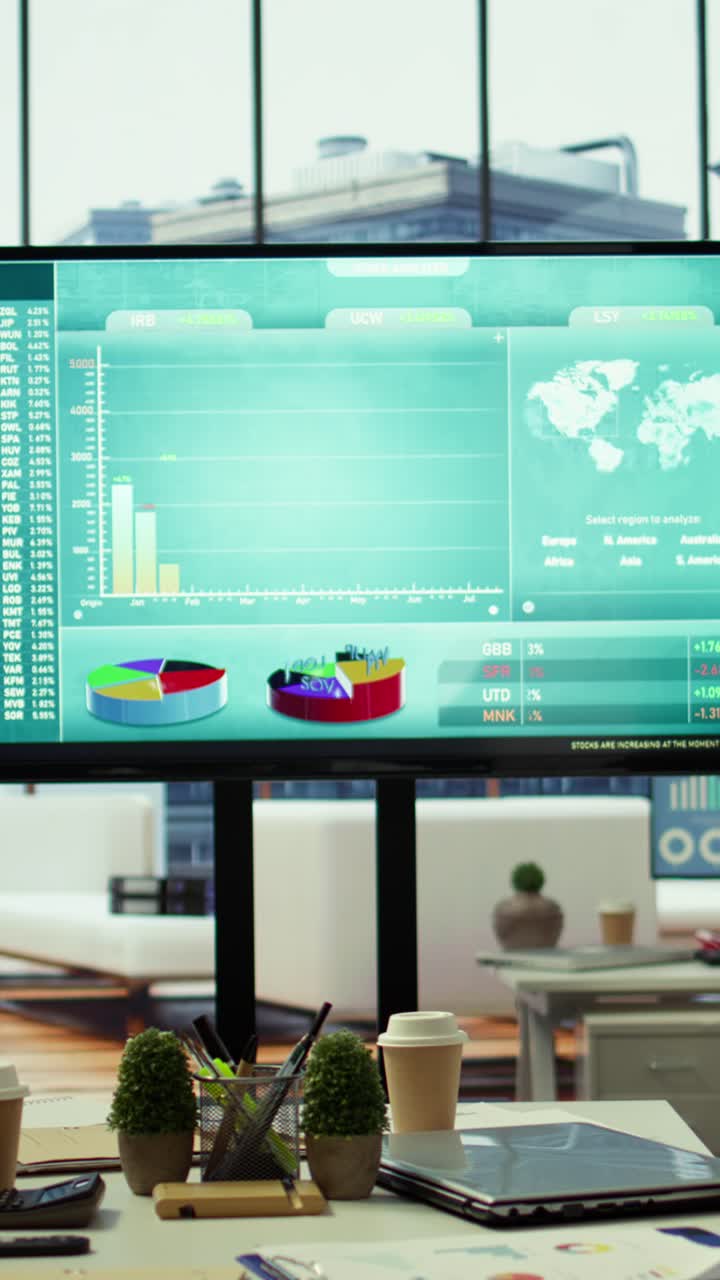 Vertical Video High end business office with a computer displaying detailed analytics