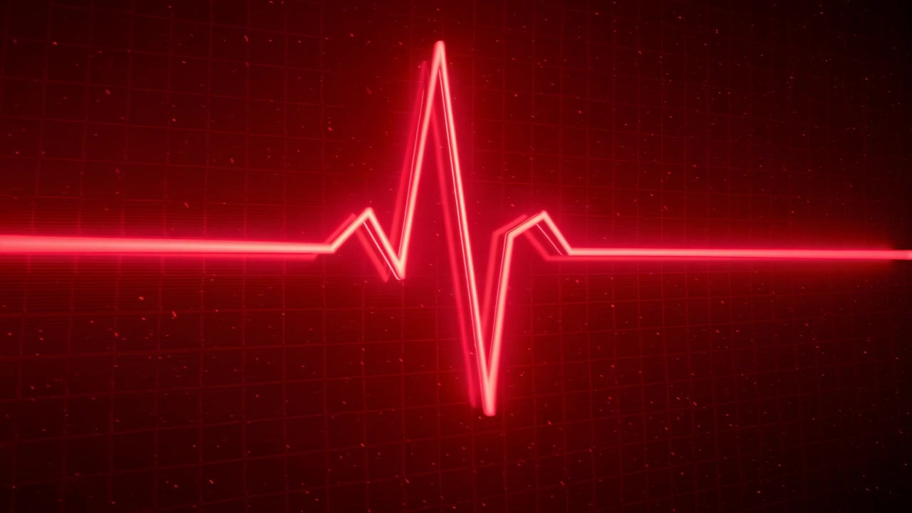 Forma d'onda ECG rosso neon pulsante all'avvio, con un picco in salita e una discesa profonda su una griglia scura, che evoca un battito cardiaco.