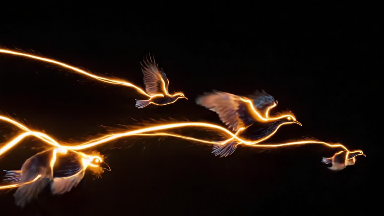 A Stunning Display of Ethereal Birds in Flight, Illuminated by Fiery Trails of Light, Capturing the Beauty and Grace of Nature's Winged Creatures