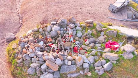 aerial view of a stone memorial grave marking the b-29 superfortress wwii plane crash site in the peak district, england.