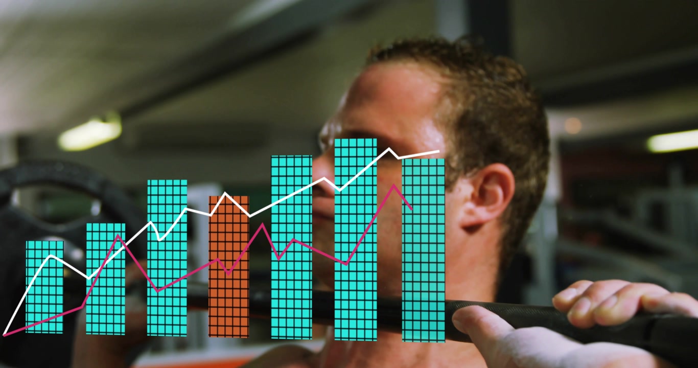 Man gripping barbell and pulling upward at gym, growing teal orange bars showing fitness gains