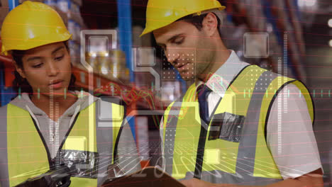 animación del procesamiento de datos digitales sobre dos trabajadores diferentes de almacén