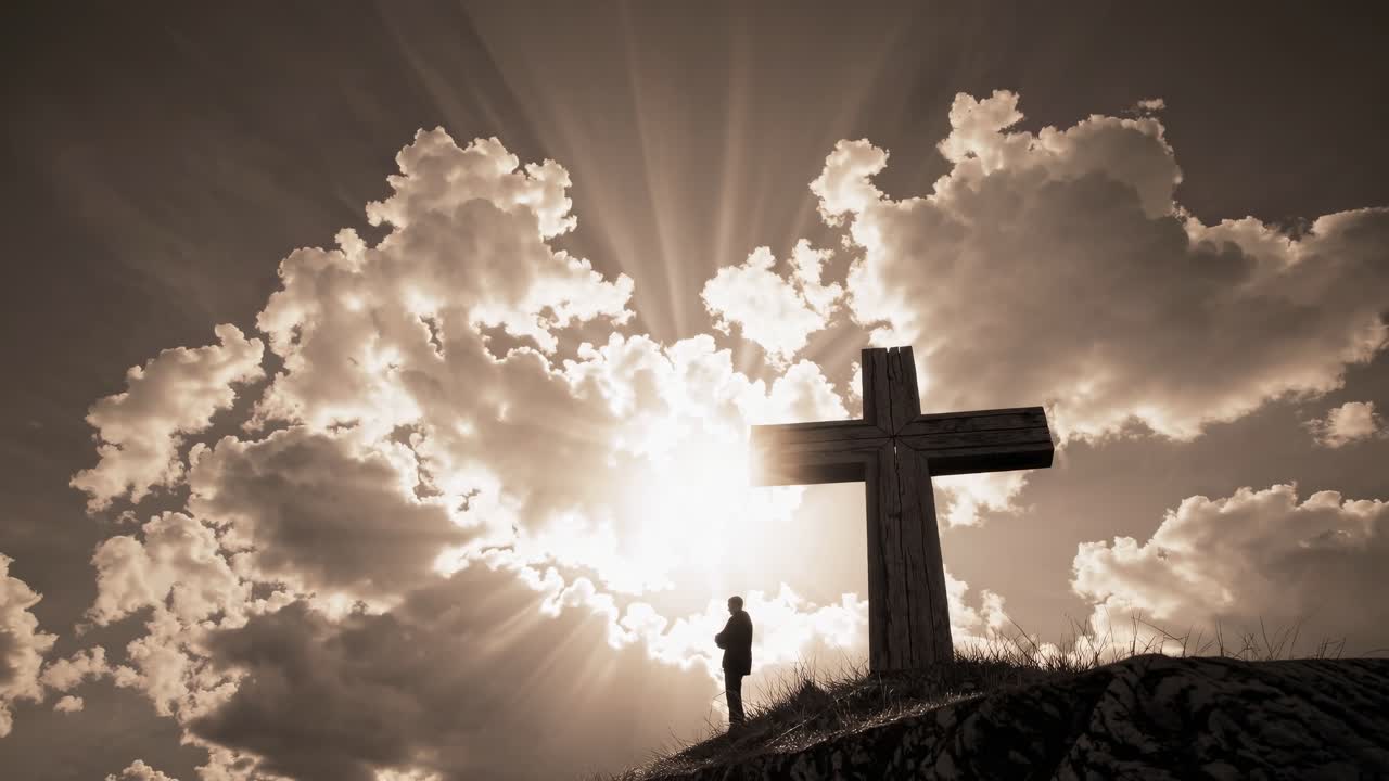 Silhouette of a person by a cross at sunset, with dramatic clouds and sun rays