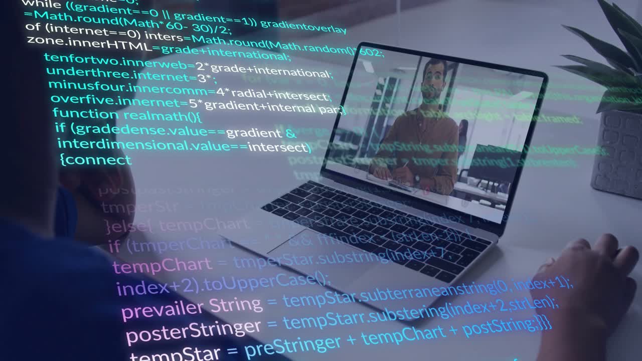 Desarrollador iniciando una llamada remota y escribiendo mientras sigue una charla de codificación con una superposición de código desplazándose.