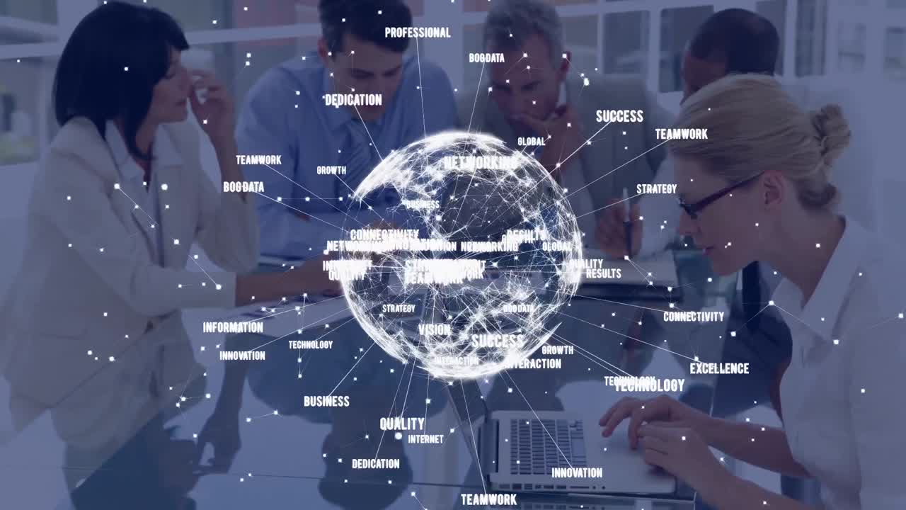 다양한 사업가들이 이야기하는 텍스트와 함께 지구촌의 애니메이션