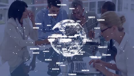 animation of globe with texts over diverse business people talking